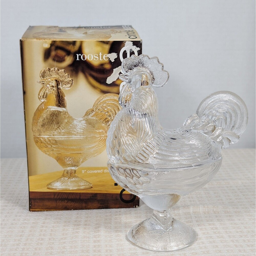 Vintage CircleWare Glass Rooster Chicken 9" Covered Candy Dish With Box Pedestal